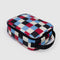 periwinkle, red, black and cream painted checker lunch box with black trim