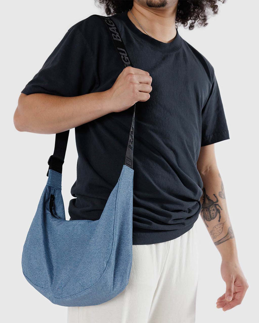 model carrying digital denim nylon medium crescent bag