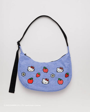 lavender  medium crescent bag with embroidered hello kitty, strawberry and apple print