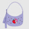 lavender medium nylon crescent bag with embroidered my melody hugging a strawberry and white flower print