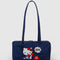 navy nylon bowler bag with embroidered hello kitty talking on a red phone