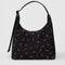 black nylon shoulder bag with matching adjustable strap and zipper and red painted wildflowers print