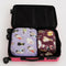 set of two packing cubes: small maroon fancy dogs and large lilac fancy cats in a suitcase