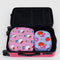 set of two packing cube set: large pink hello kitty with yellow tulips and small light blue my melody hugging a strawberry in a suitcase