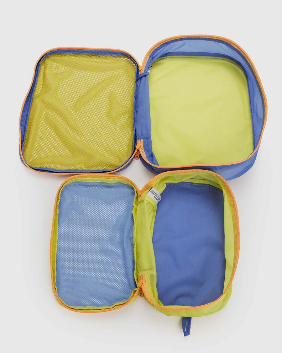 opened set of 2 lime green and royal blue colorblock mesh packing cubes