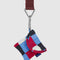 blue, red, black, and cream painted check earbud case hanging from a lanyard