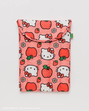pink 13 in. puffy laptop sleeve with hello kitty face, apple and strawberry print