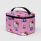 light pink puffy lunch bag with hello kitty and yellow tulip print and black trim and handle