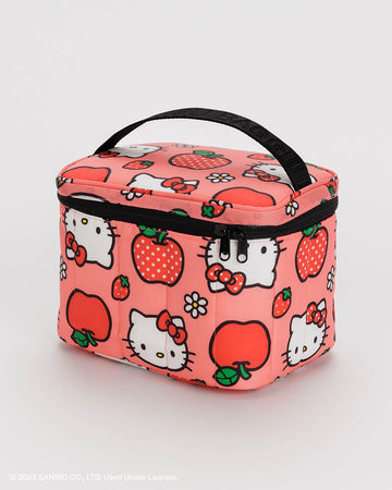 pink puffy baggu lunch box with hello kitty face, apple, and strawberry print
