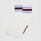 pair of white crew socks with two wisteria and mahogany stripe tops
