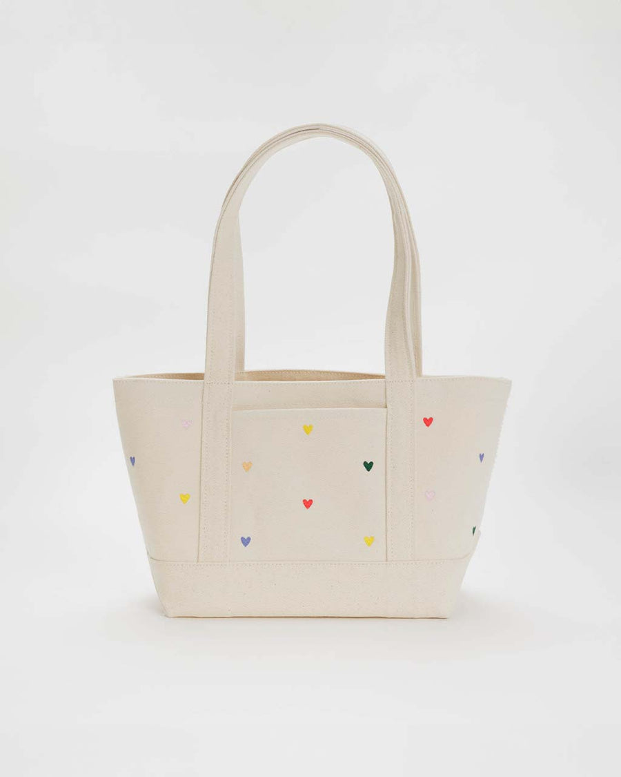 small heavyweight tote with colorful embroidered hearts
