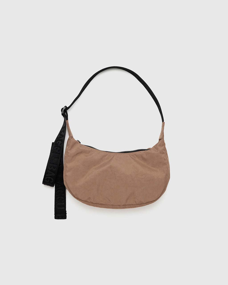 light brown small nylon crescent bag