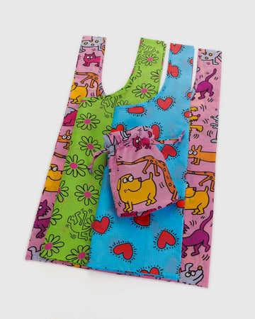 set of three keith haring standard baggu bags: pink pets, green flowers and blue hearts