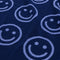 up close of double sided towel with navy and light blue smiley print