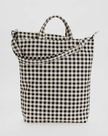 black and white gingham zip duck bag
