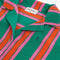 up close of green, orange and pink vertical stripe terry cloth button front top and matching shorts