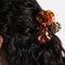 up close of model wearing leopard print and pink orchid with charm hair claw
