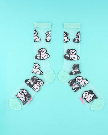 sheer socks with bichon dog print and mint trim