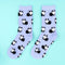 lavender socks with fuzzy black and white cat print