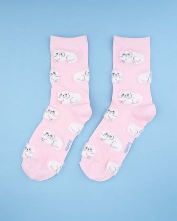 pink socks with all over white persian cat print