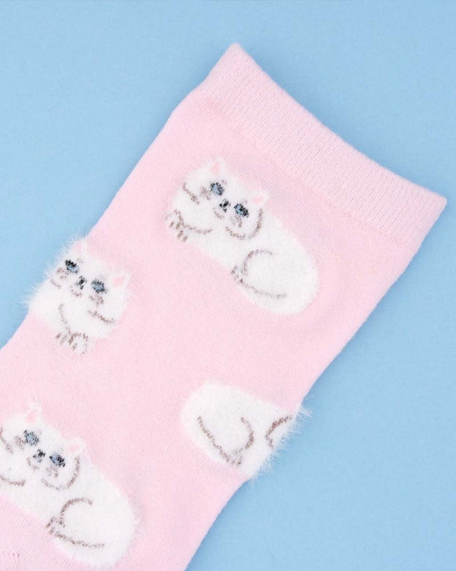 up close of pink socks with all over white persian cat print