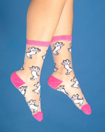 model wearing sheer socks with all over poodle print and pink trim