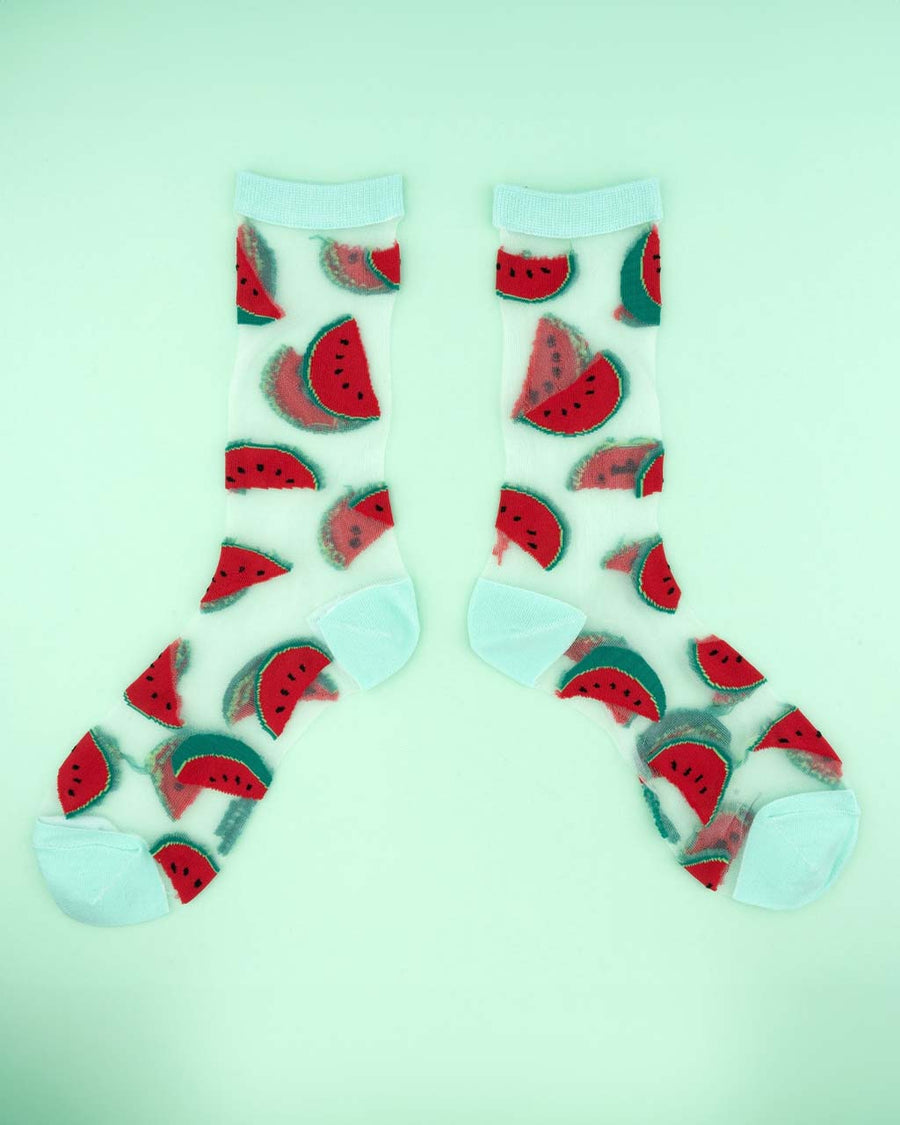 sheer socks with watermelon print and mint trim
