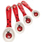set of ceramic measuring spoons with red with black polka dot handle and ladybug design in the center of the spoon