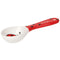 side view of ceramic measuring spoon with red with black polka dot handle and ladybug design in the center
