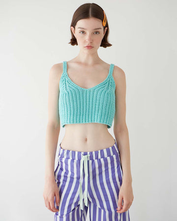 model wearing aqua knit cropped tank