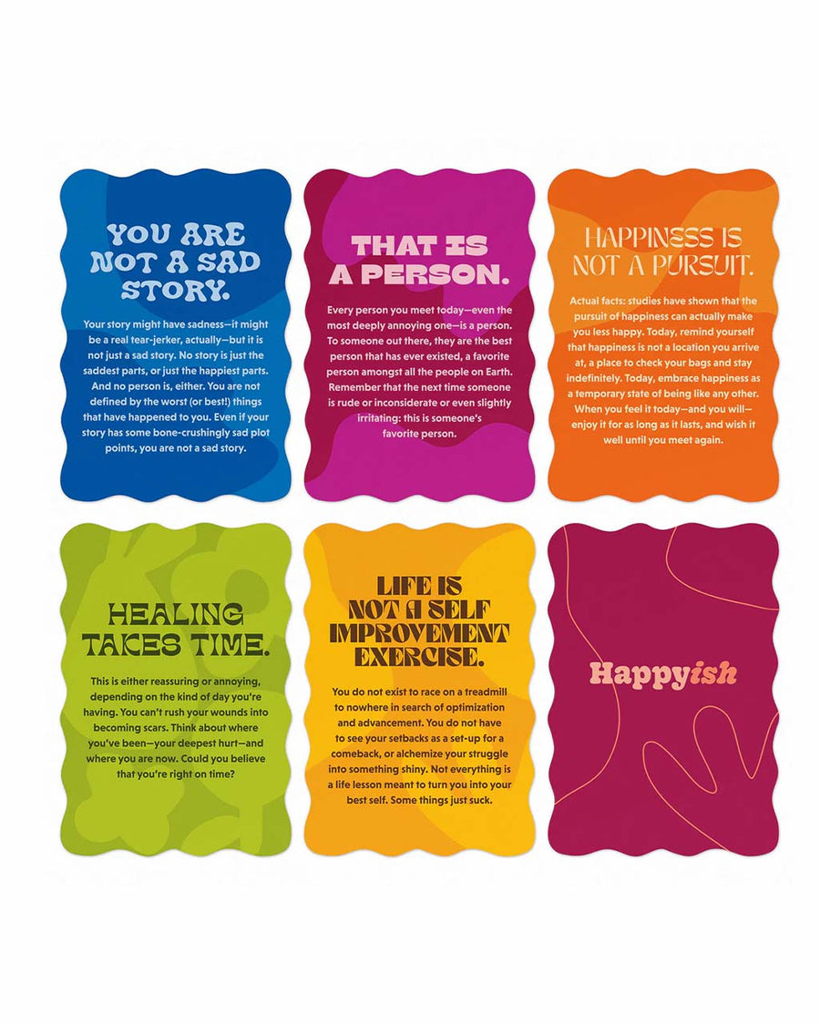 'you are not a sad story', 'happiness is not a pursuit' and 'healing takes time' cards