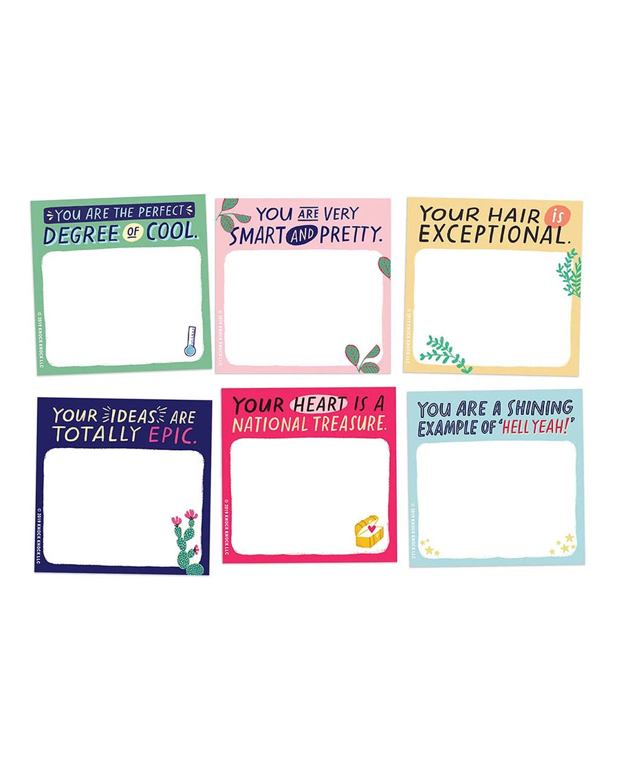front view of set of 6 sticky notes with colorful graphics and fun sayings
