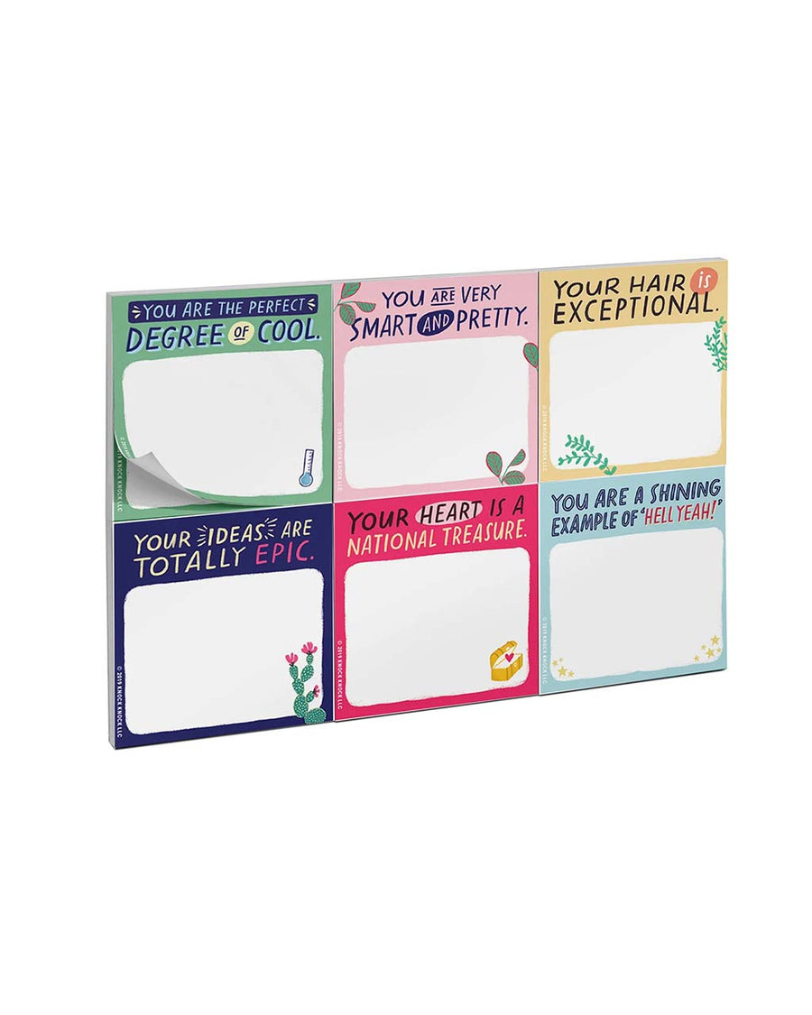 set of 6 sticky notes with colorful graphics and fun sayings