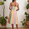 back view of model wearing colorful vertical striped midi sundress with side patch pockets and colorful button front