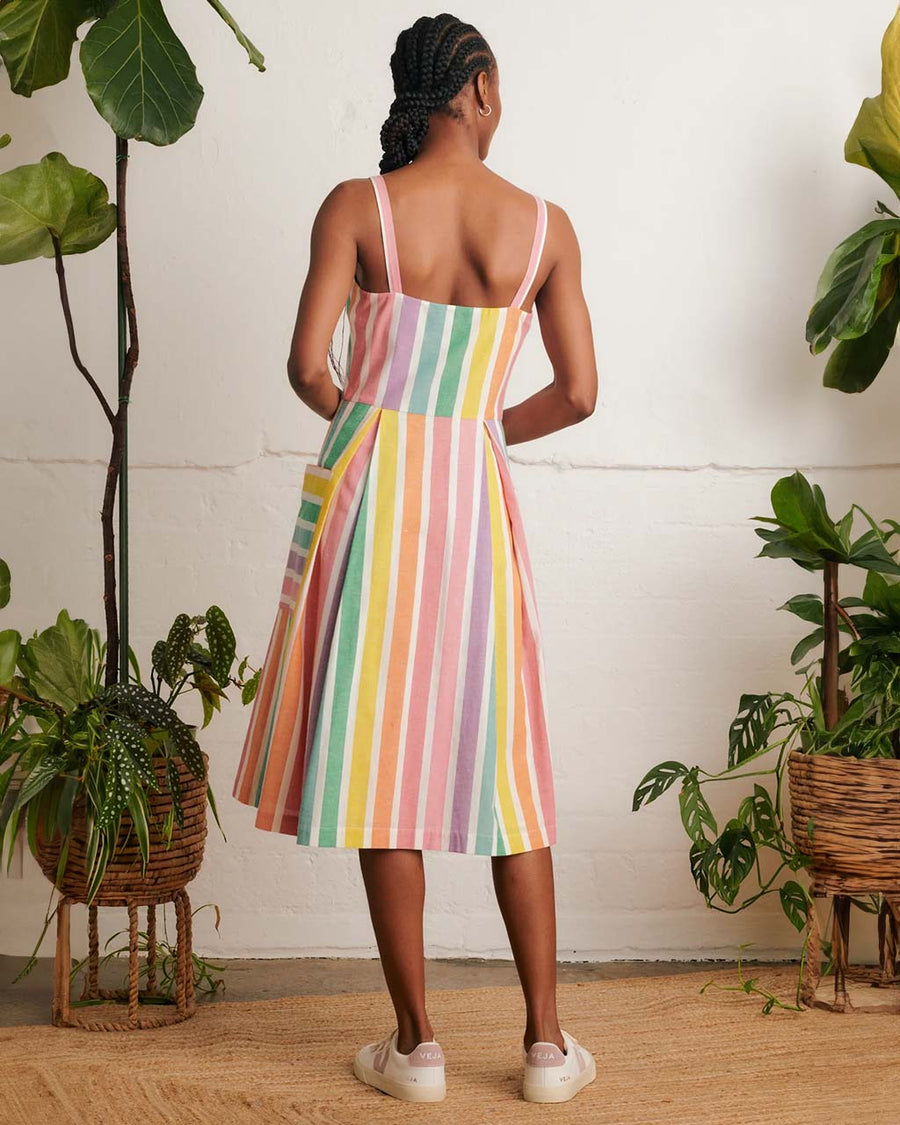 back view of model wearing colorful vertical striped midi sundress with side patch pockets and colorful button front