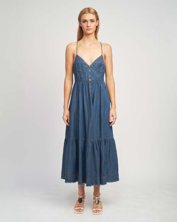 model wearing denim midi dress with button front, spaghetti straps and o-ring back detail