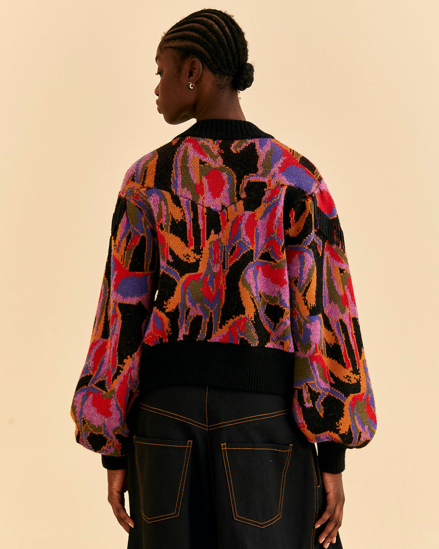 back view of model wearing colorful wild horse sweater with beaded fringe detail