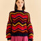 model wearing colorful wavy stripe sweater with high neckline
