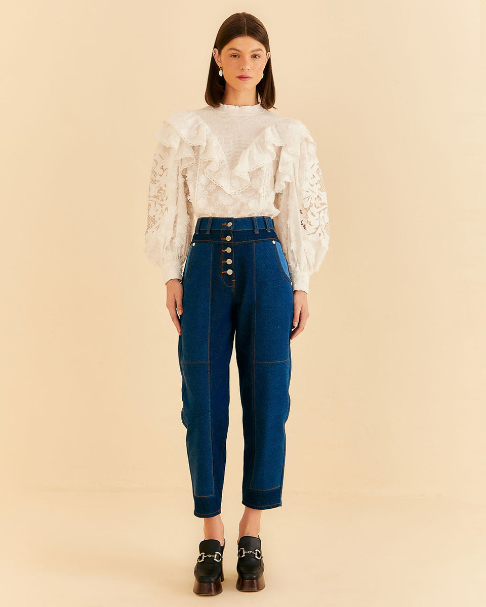 FARM Rio Embroidered Denim Pants in Blue