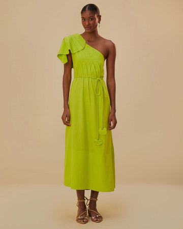model wearing lime green maxi dress with tie waist and one shoulder 'leaf' detail with pleats