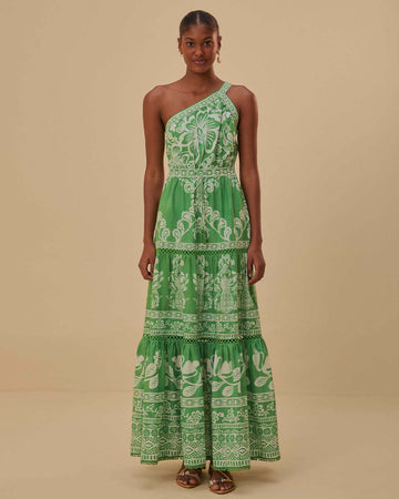 model wearing green and white garden one shoulder maxi dress