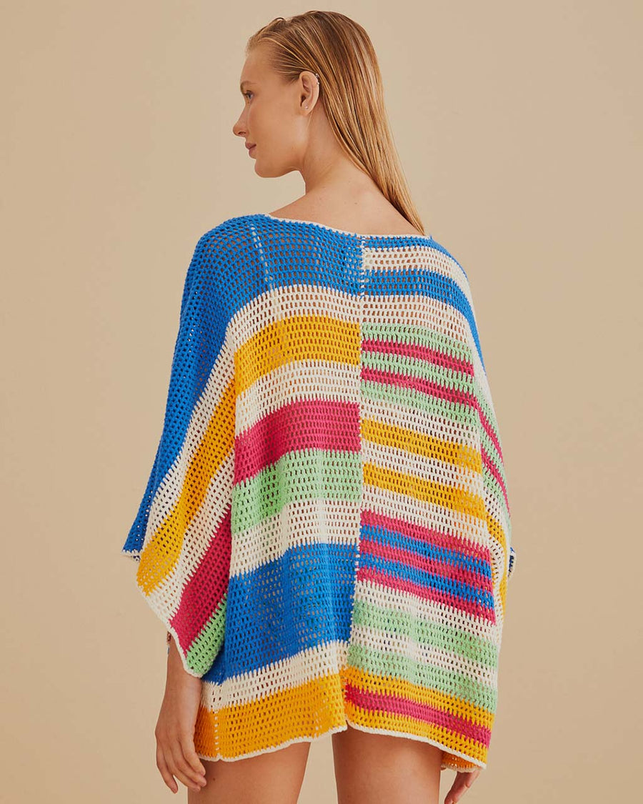 back view of model wearing colorful stripe crochet kimono