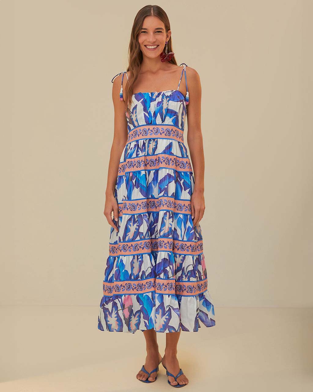 Farm Rio Blue Foliage Tie Shoulder Midi Dress Farm Rio Blue Foliage Tie Shoulder Midi Dress