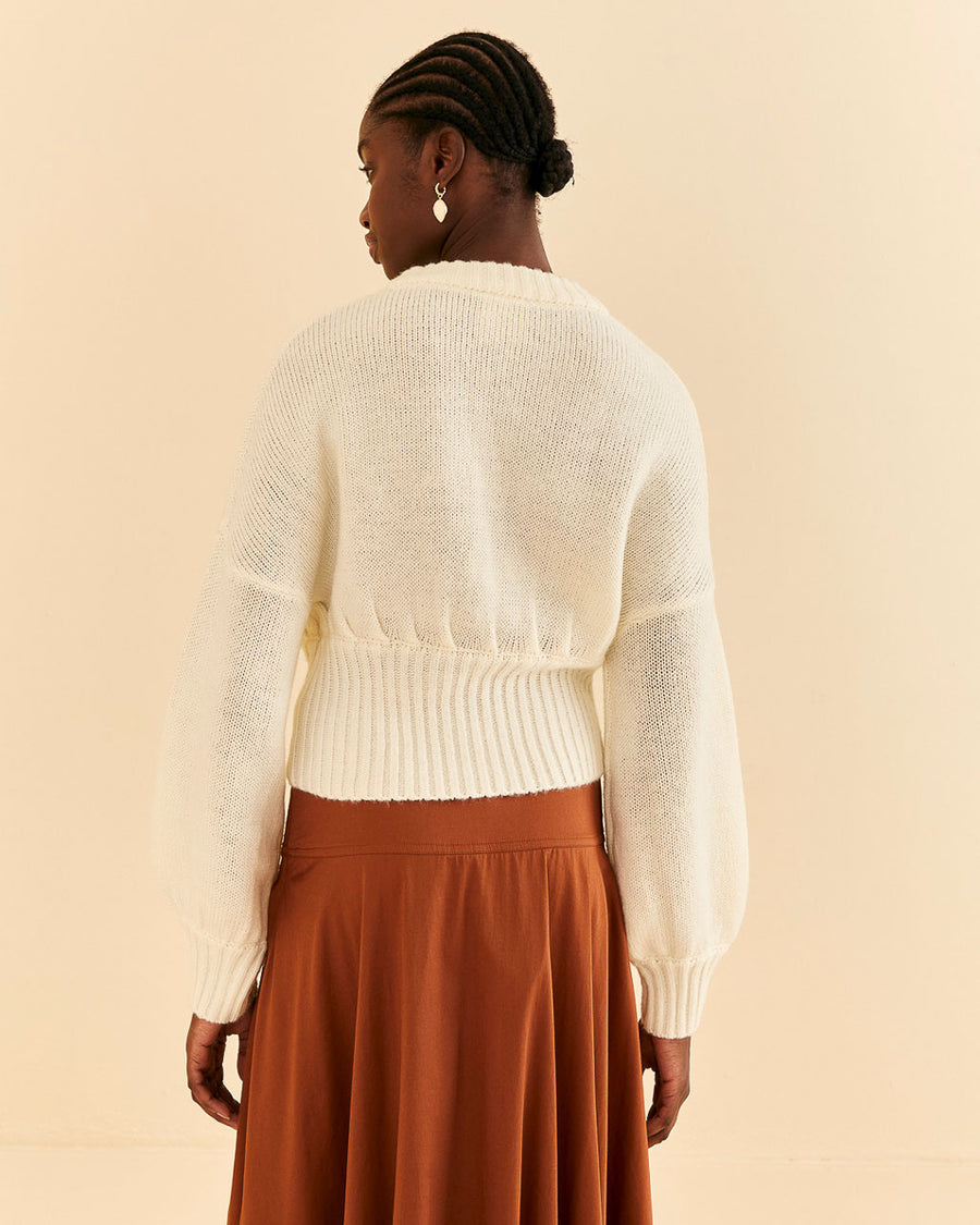 back view of model wearing off white cropped bubble sleeve cardigan