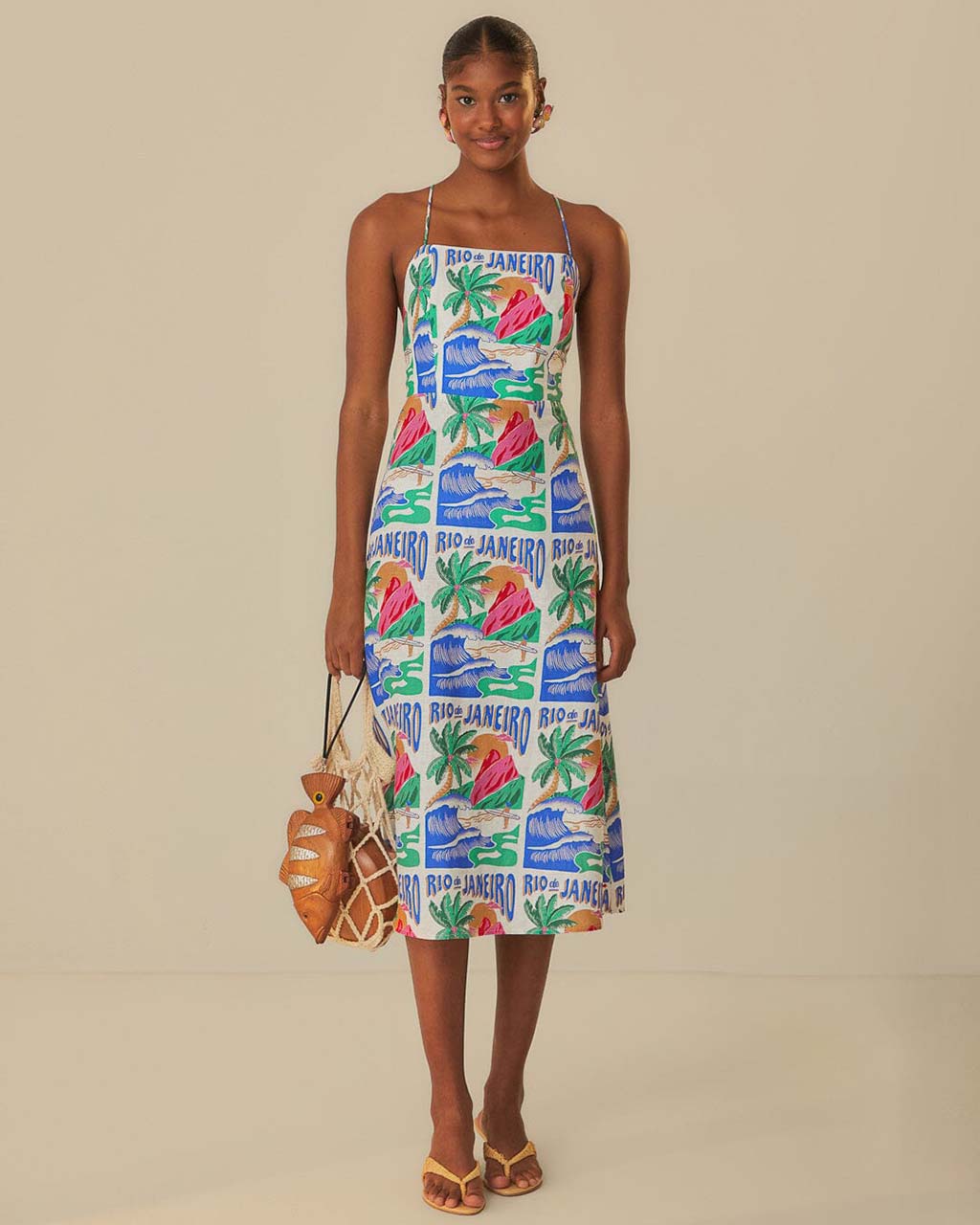 knee length dresses for ladies Farm Rio 3D Floral Linen Midi Dress