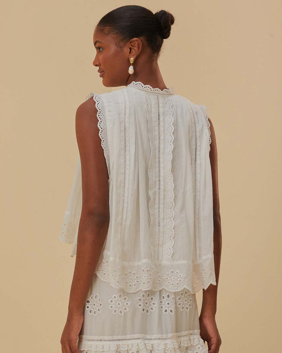 back view of model wearing white cotton tank with eyelet and lace detail