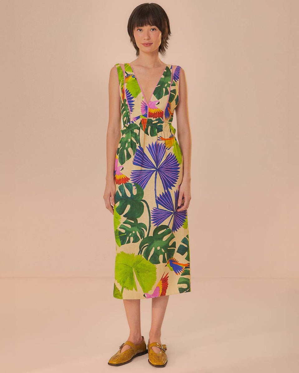 white christmas dresses Sand Macaw Jungle V Neck Midi Dress – ban.do