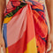 up close of model wearing colorful bold floral swim cover up