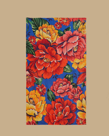 blue towel with red, pink and yellow oversize floral print