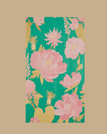 mint towel with pink floral print